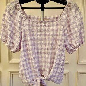 LOFT Purple Gingham Square Plaid Puff Sleeve Blouse
